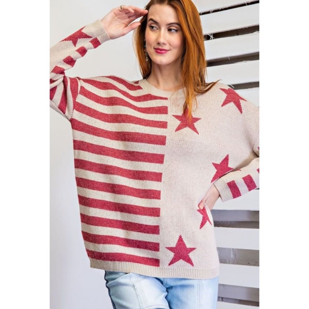 Easel Red & Tan Flag Star Striped‎ Chunky Knit Oversized Pullover Sweater M-XL